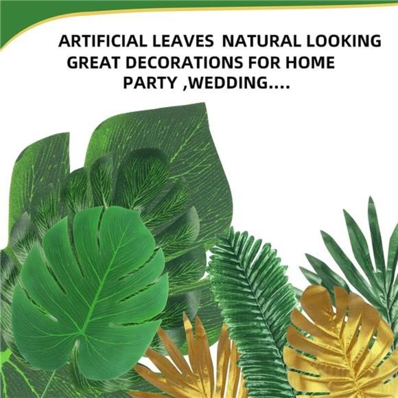 72 Pieces 10 Kinds Artificial Palm Leaves Golden Tropical Leaves w/ Stems Jungle - Picture 5 of 7